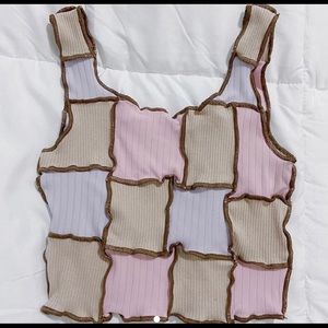 Tan/purple/pink patchwork rib tank top with double brown double overlock thread